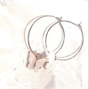 Gold Hoop Earrings White Butterfly Charm Mother of Pearl front Gold back NEW